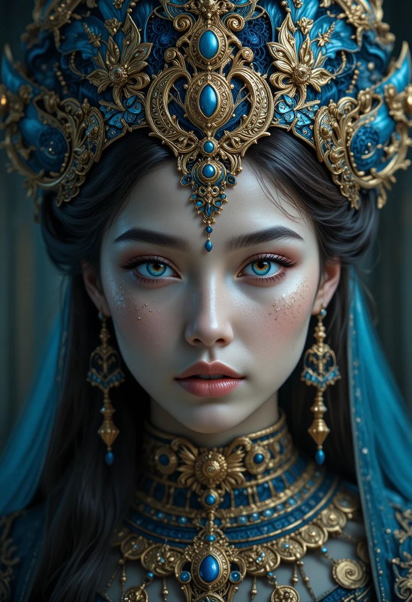 Fantasyfrau mit blau-goldenem Kopfschmuck im Frontalporträt