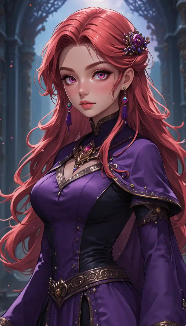 A cherry red-haired anime witch in a violet and black dress