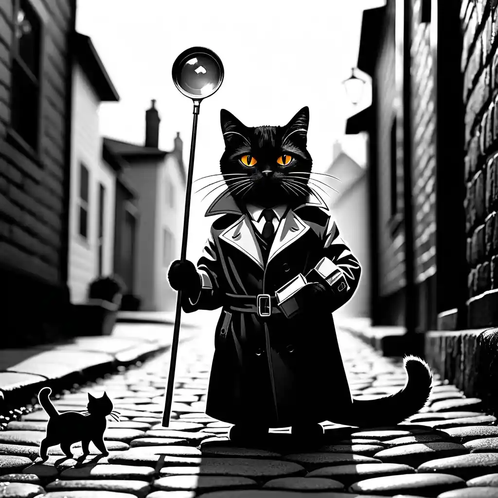A noir cat detective investigates candy wrappers with a magnifying glass