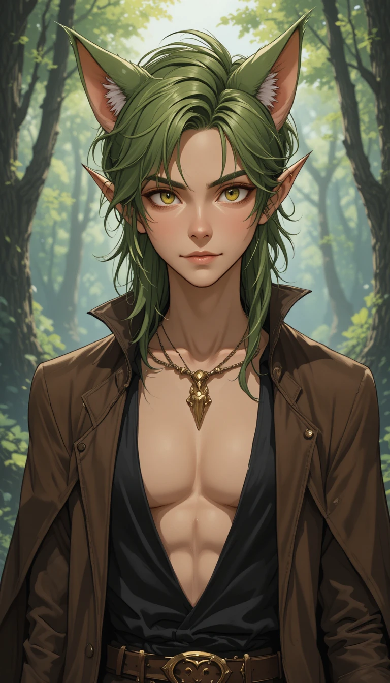 Anime fantasy man with hazel cat ears and forest green hair