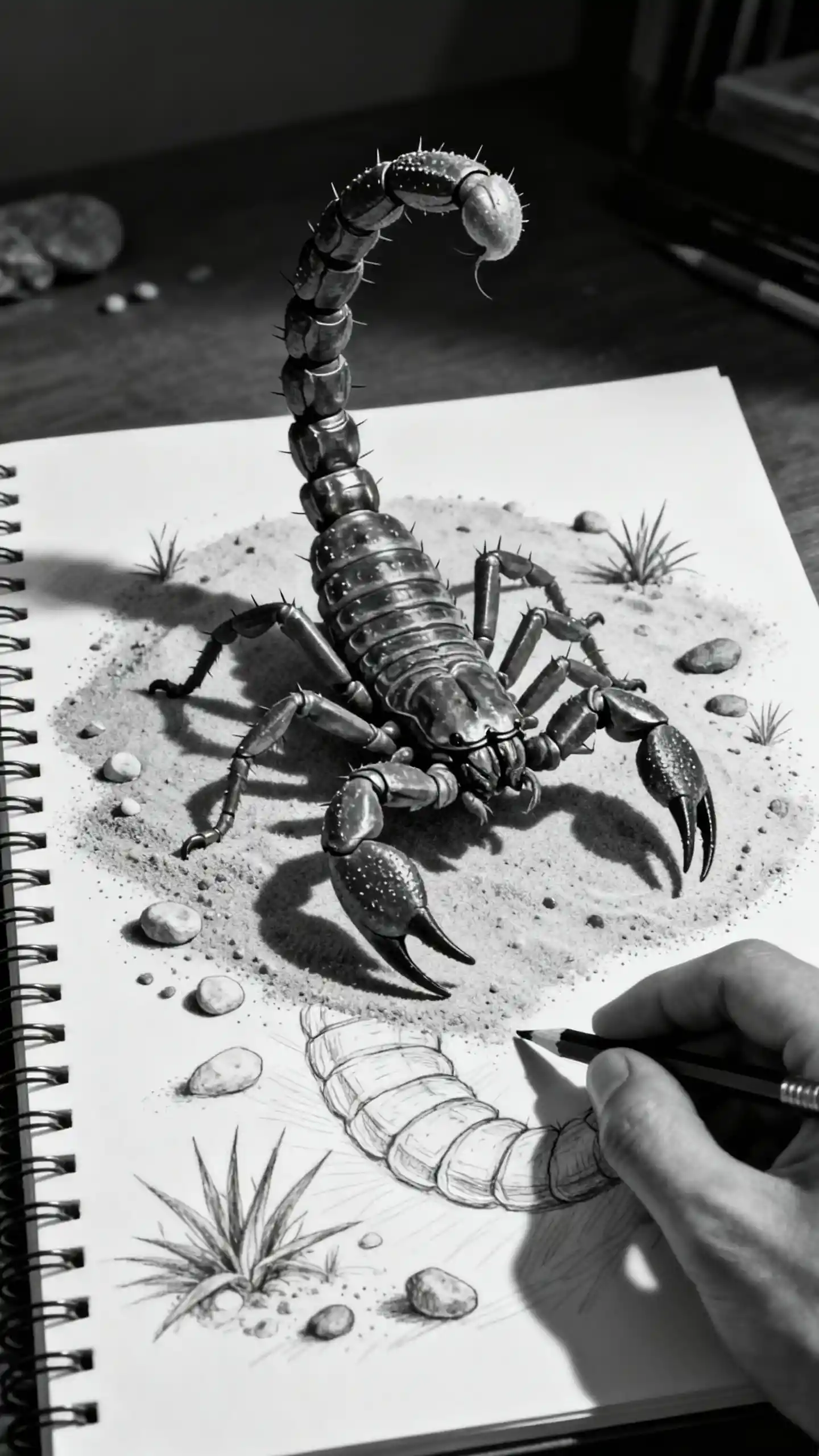 沙漠蠍子從石墨素描本中爬出，躍入立體世界