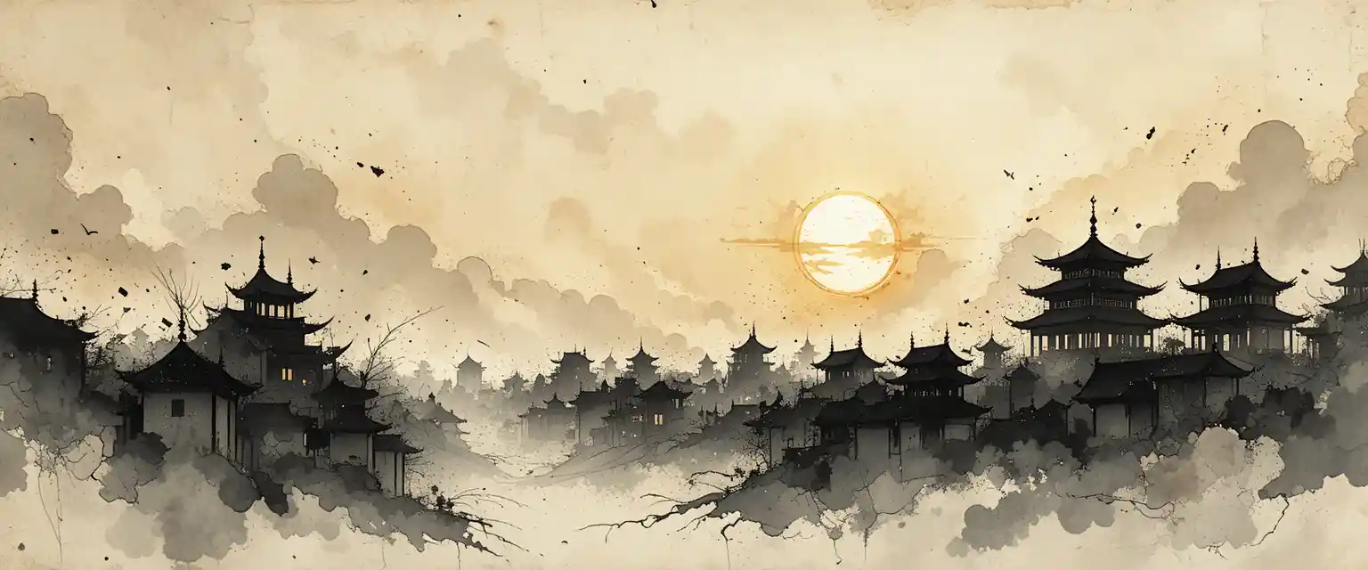 A Ming dynasty city skyline rests beneath long ink brushstroke clouds at golden hour