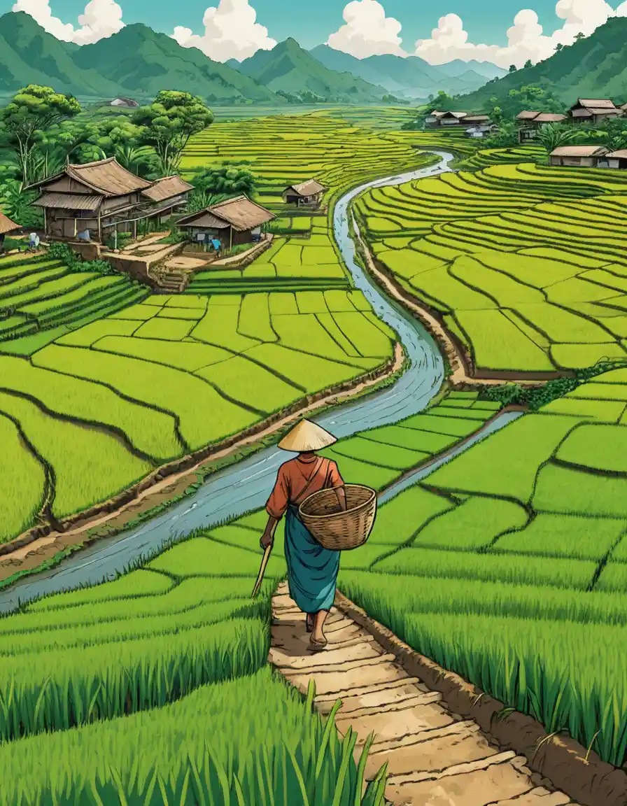 A Female Farmer Walks Between Rice Paddies In A Rural Valley