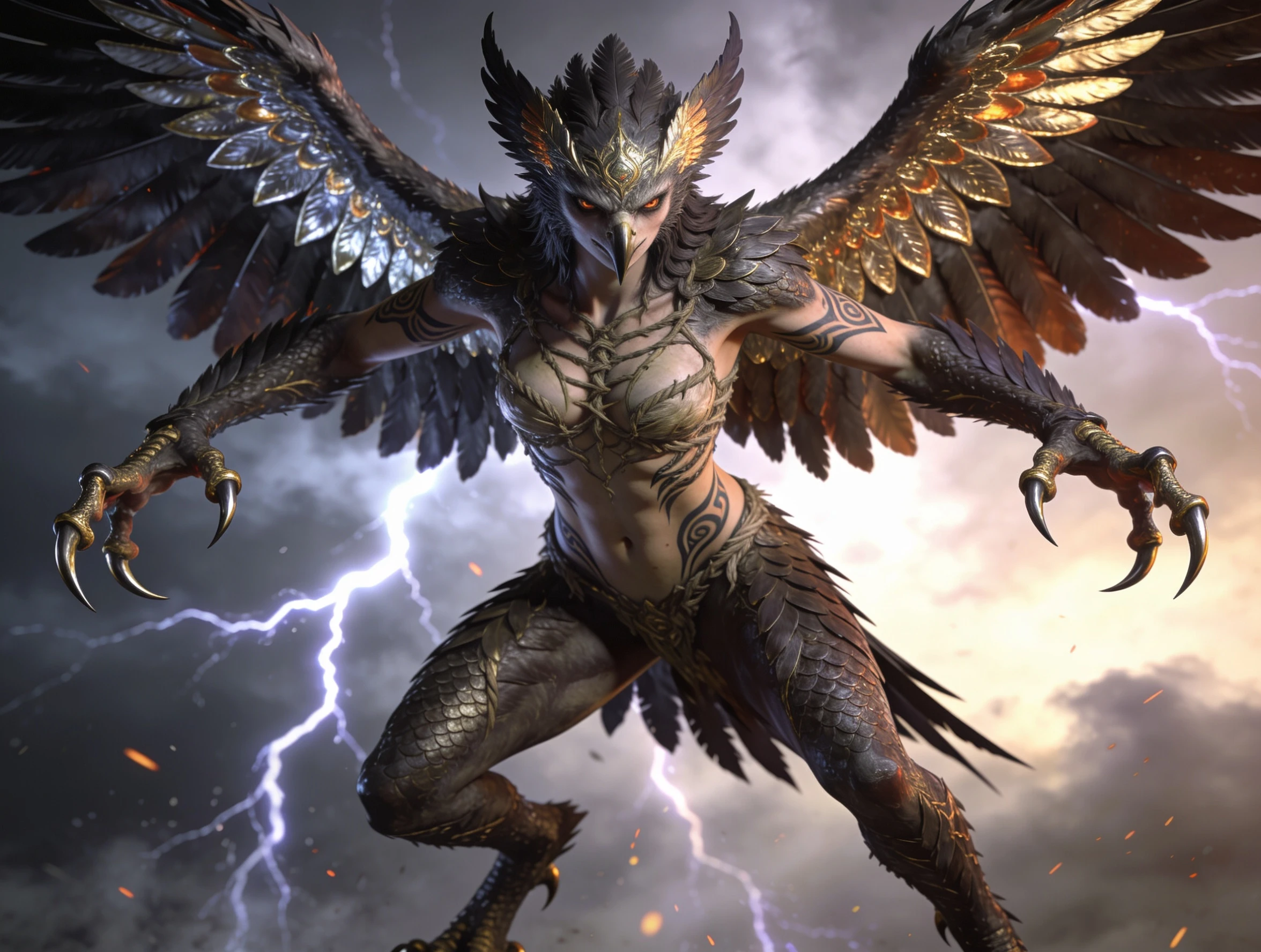 A full length harpy spreads her feathered wings before flight