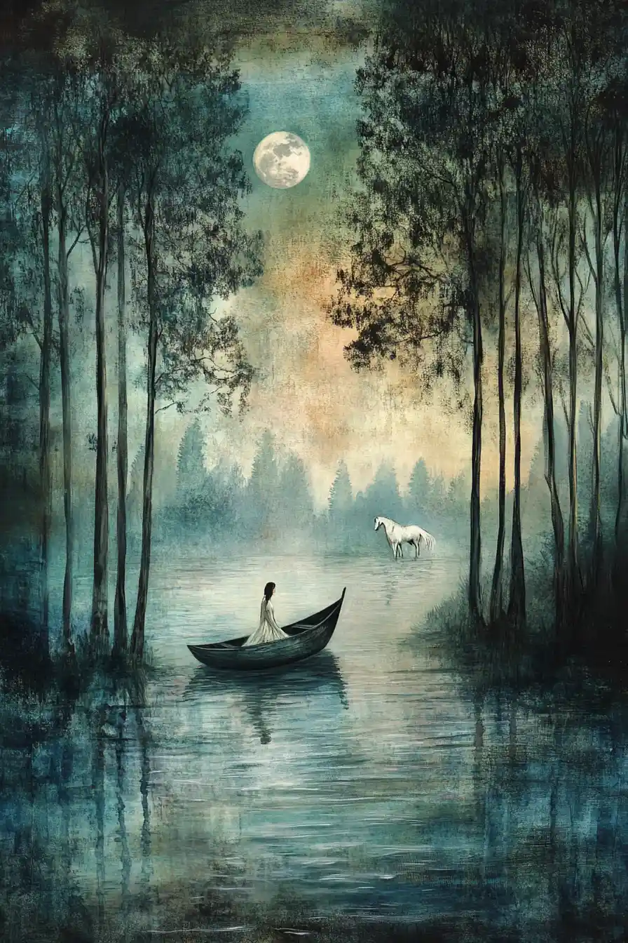 A still boat rests near a woman singing beside the shore