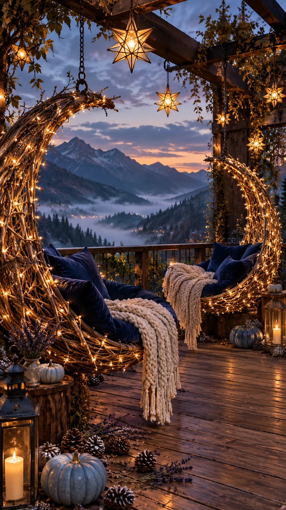 Moon-shaped swing chairs glow above a misty mountain balcony