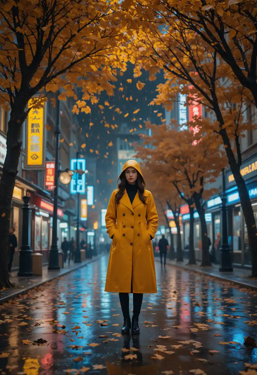 A woman in a yellow raincoat stands beneath falling leaves on a neon city street