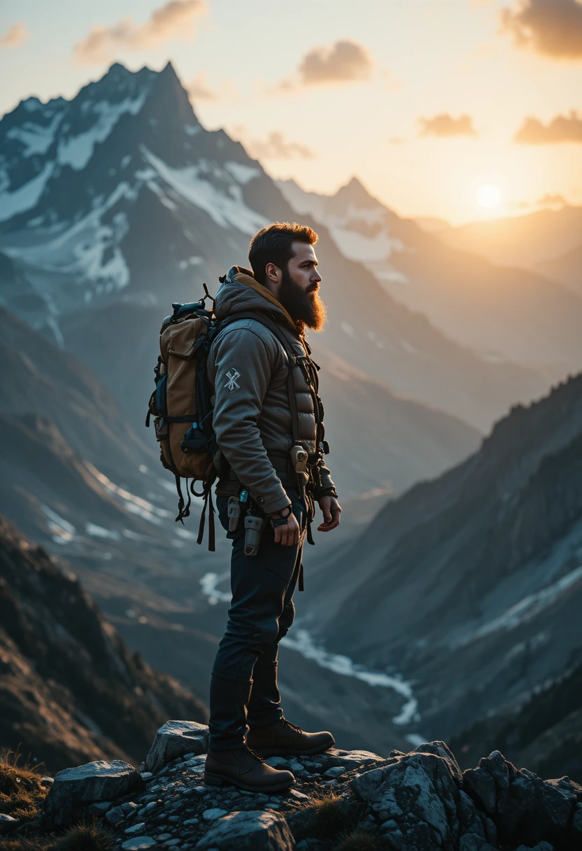 Bearded mountaineer stands in profile above a highland valley at sunrise