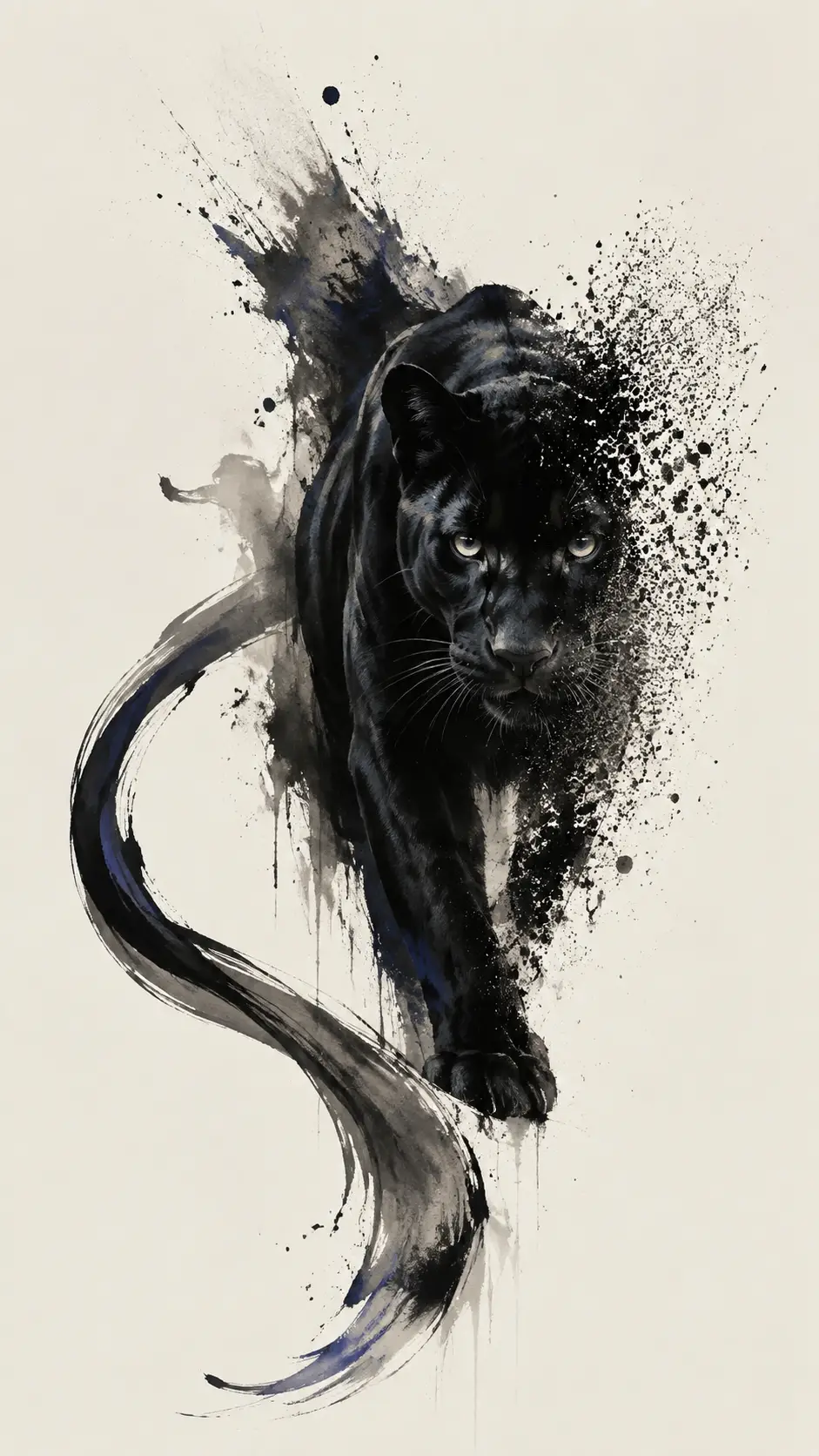 Ein schwarzer Panther tritt aus schwungvollen Tuschestrichen und freiem Elfenbeinraum hervor