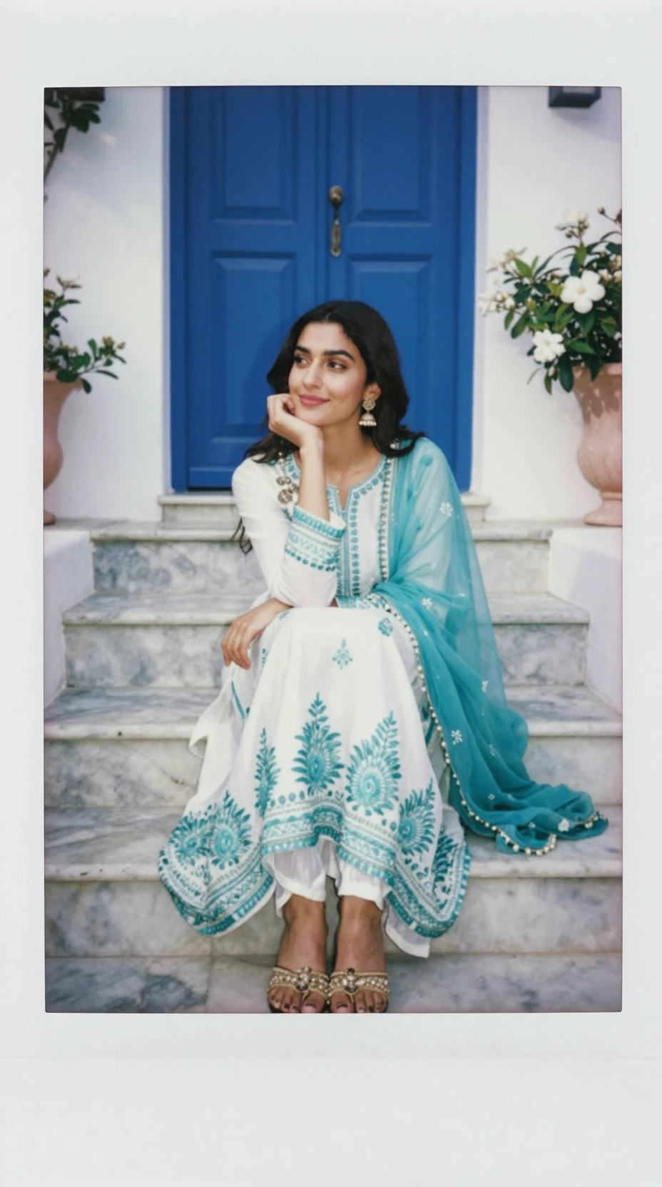 身穿刺繡 Anarkali 套裝的年輕女子坐在大理石階梯上