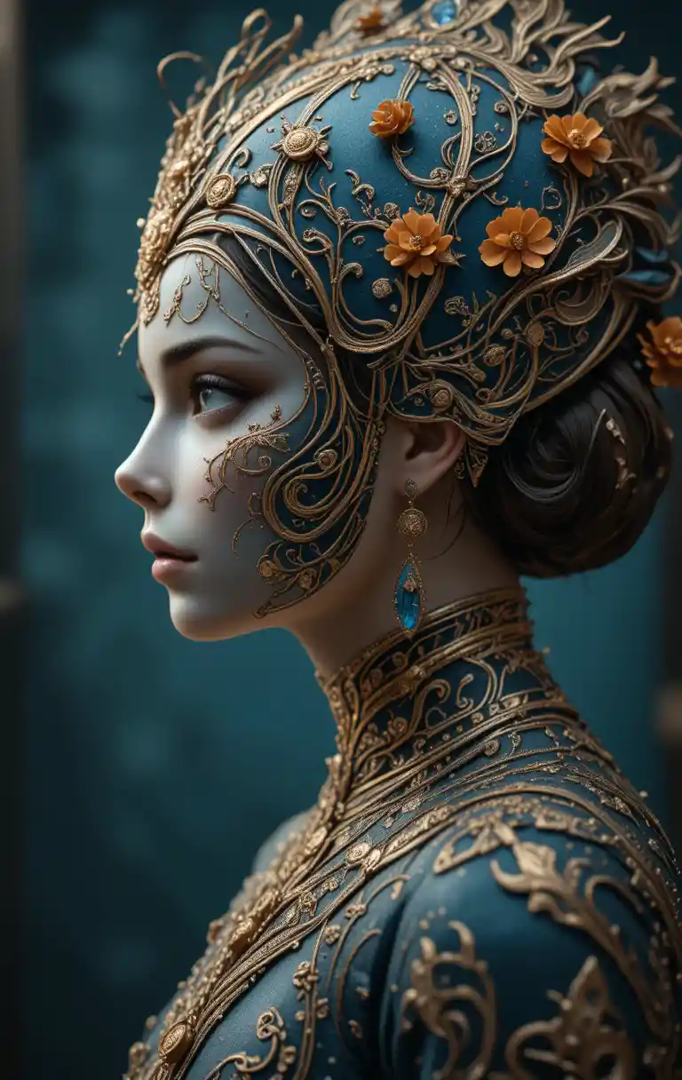 Fantasy woman in profile with blue enamel and ornate gold filigree