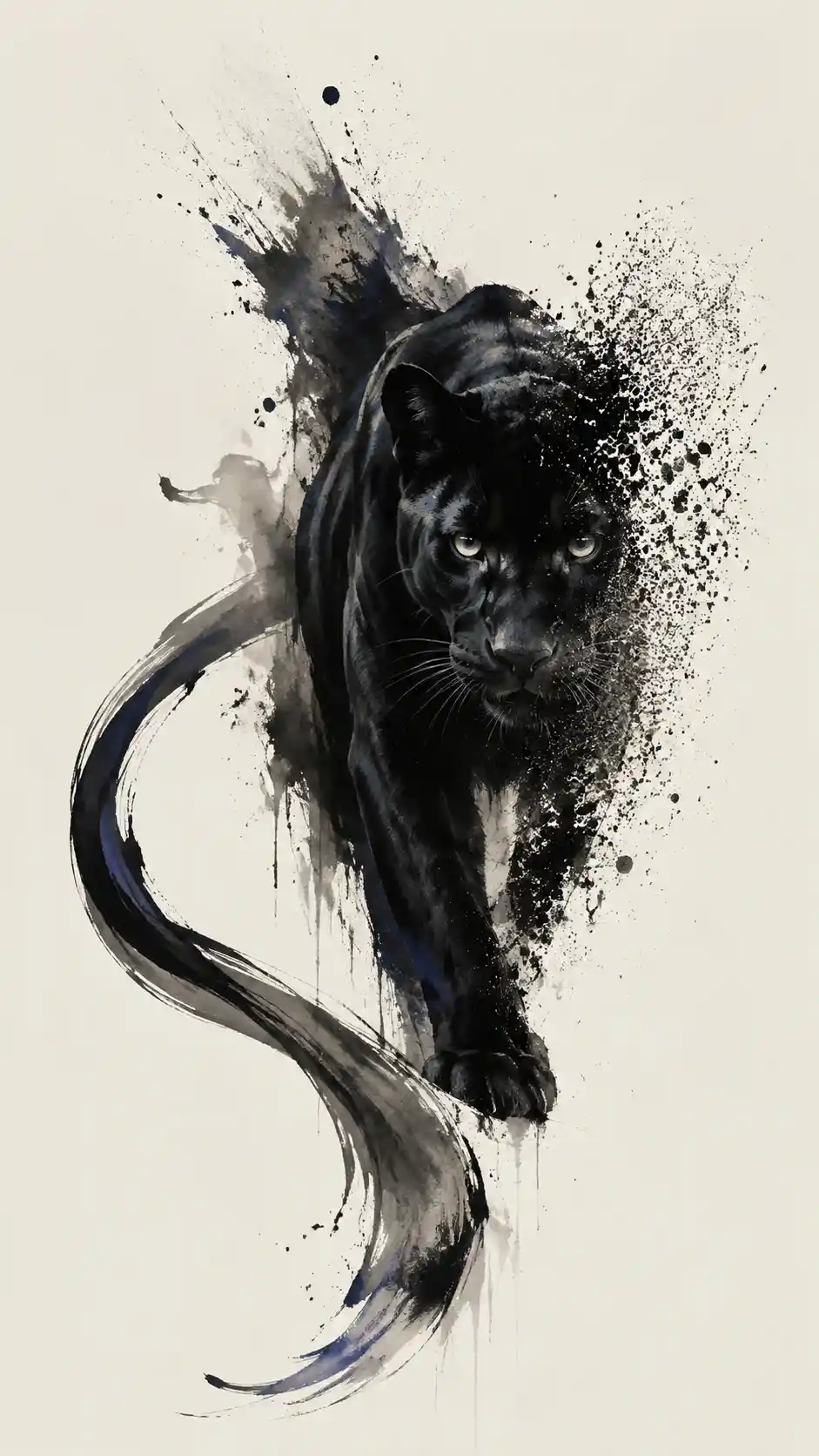 Black Panther Emerging Through Sweeping Ink Strokes and Open Ivory Space