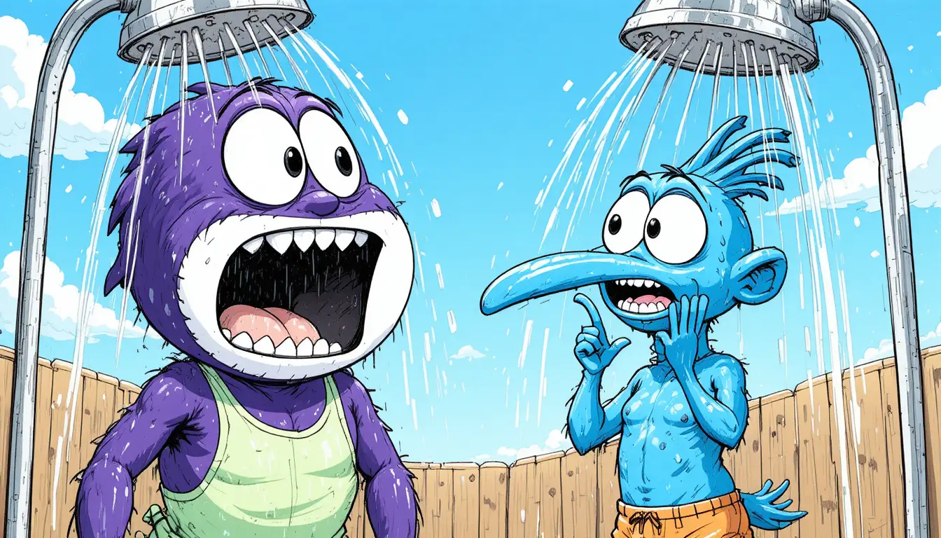 Two cartoon creatures share a surprising outdoor shower under the sunny sky