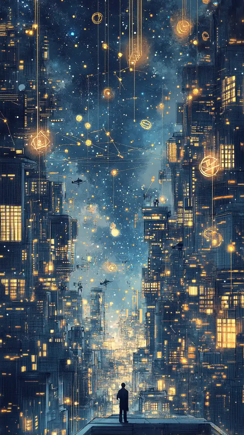 Spreadsheet windows illuminate a futuristic city suspended across the cosmos