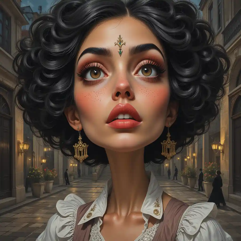 A theatrical caricature portrait on a lantern-lit Venetian patio