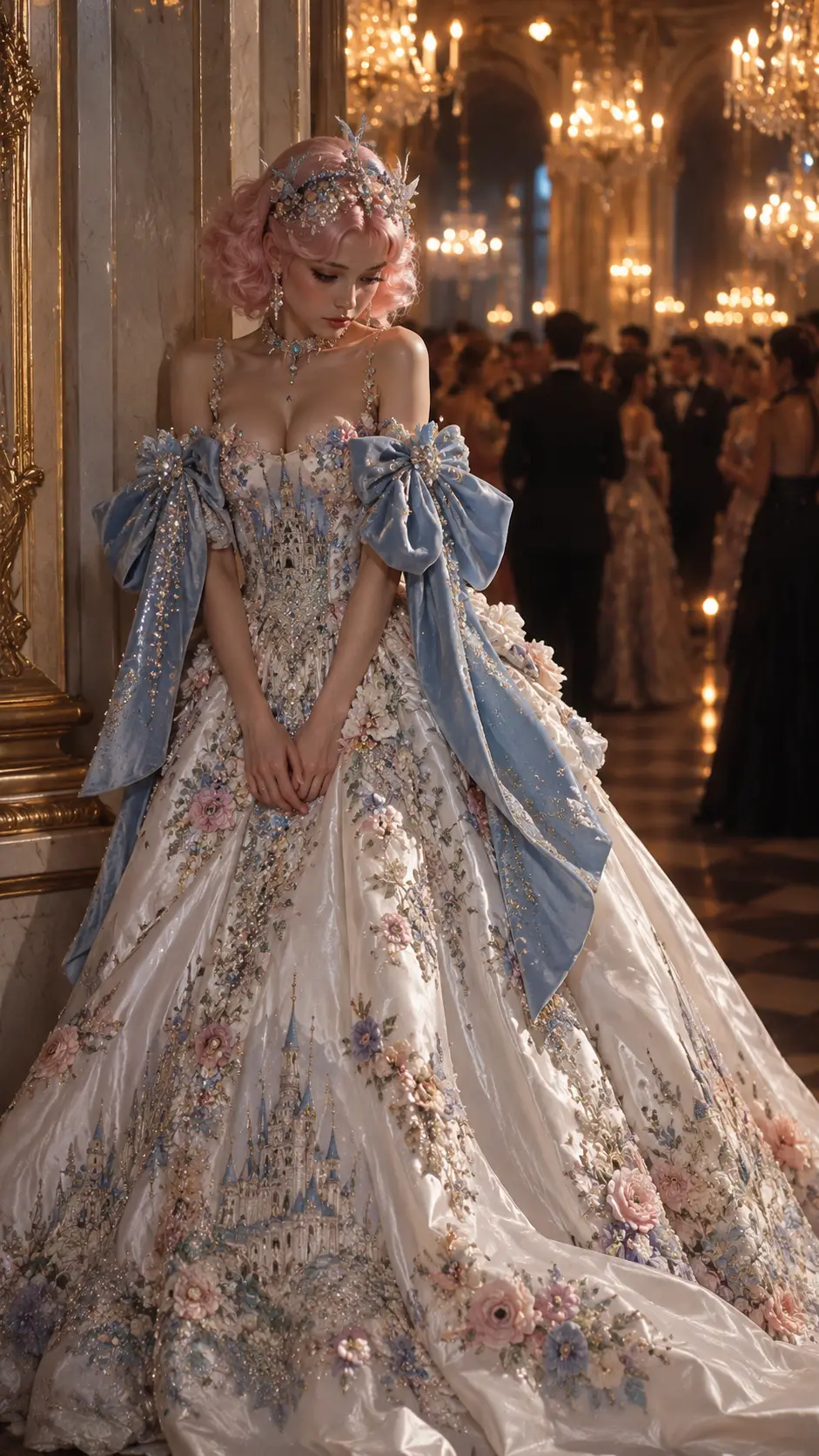 A fashion model stands alone in an embroidered white ballgown