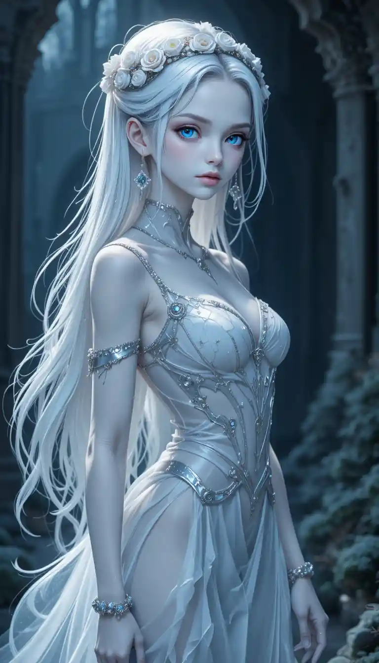 A Pale Anime Ghost Woman With Silver Hair And Flowing Veils
