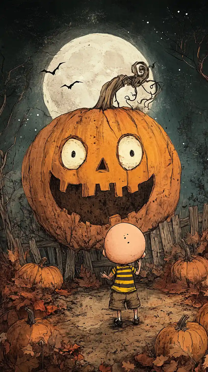 A Boy Faces a Giant Pumpkin Beneath the Full Moon