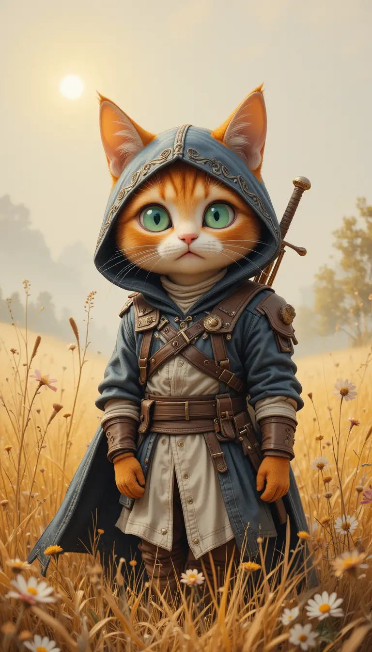 A curious orange cat stands among wildflowers in a golden field