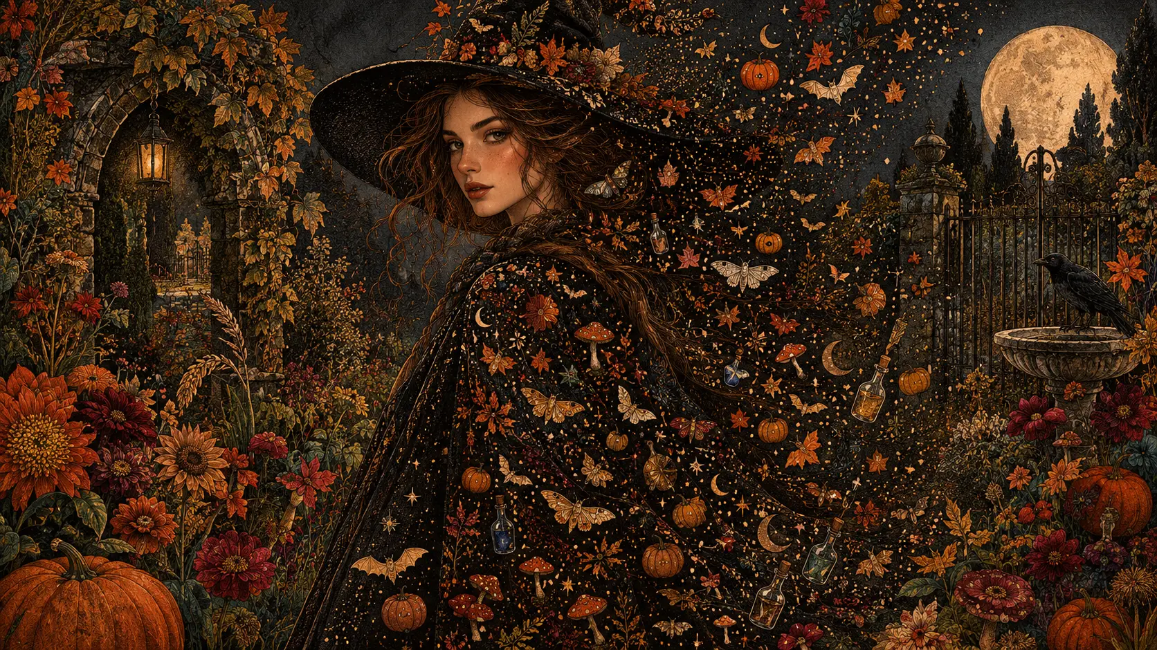 A mysterious young witch stands in an enchanted autumn garden