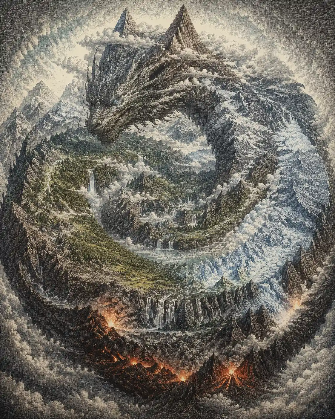 A Mythic Dragon Forms a Vast Mountain Landscape in a Circular Composition