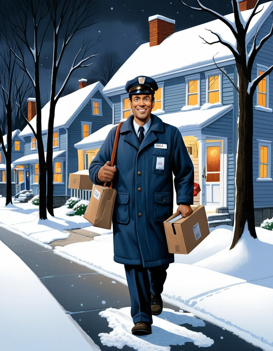 A postal worker delivers mail through a snowy suburban neighborhood