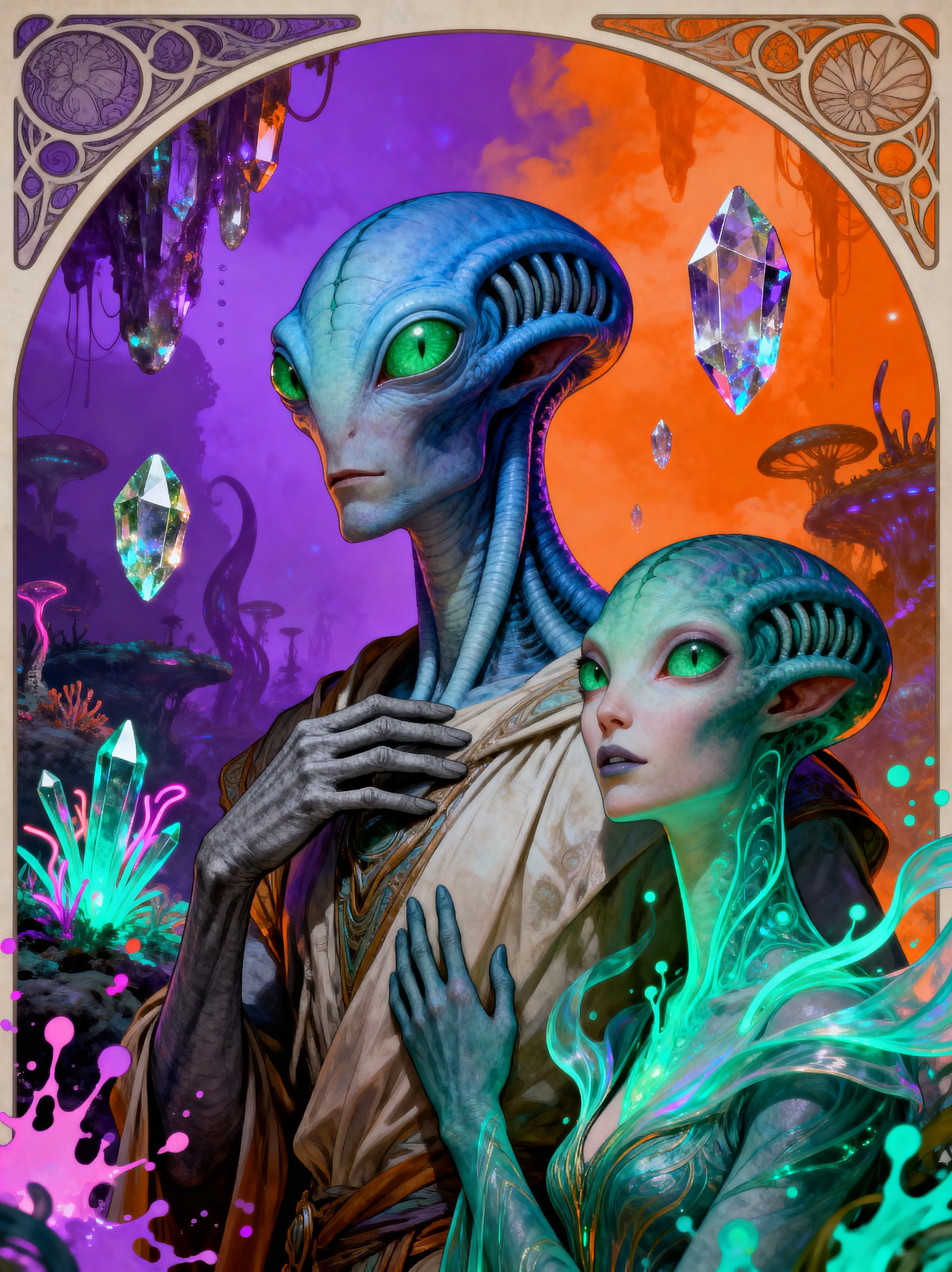 外星世界背景下，一對頭部修長的藍色外星人