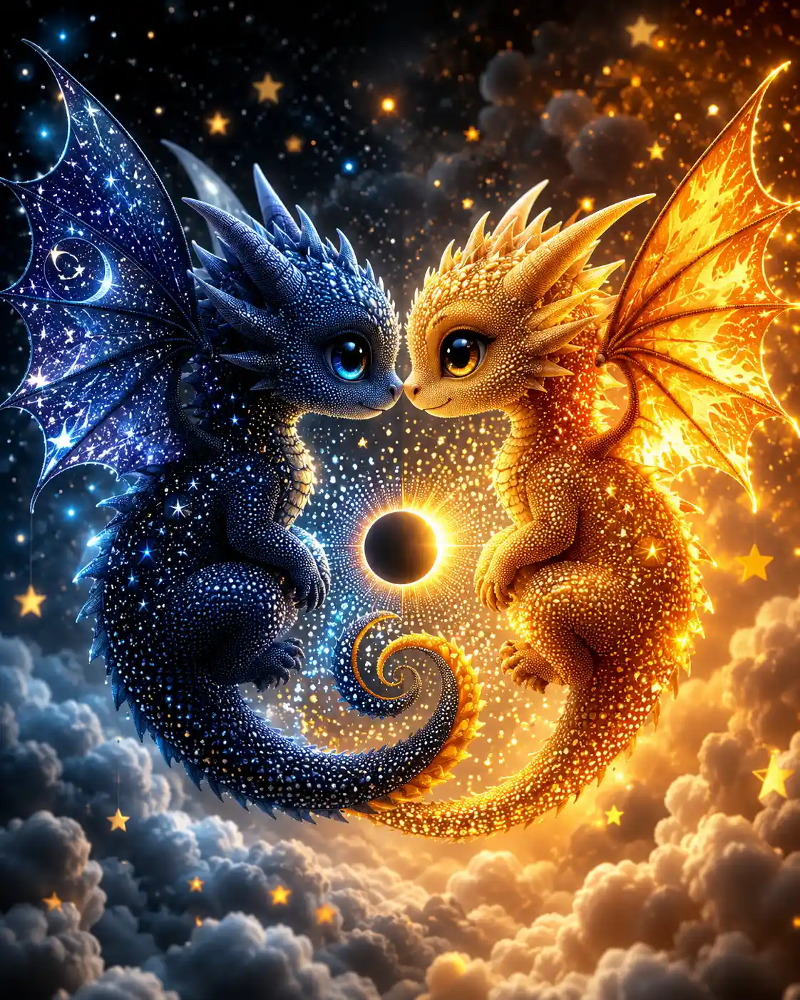 Two baby dragons meet nose to nose beneath a tiny eclipse