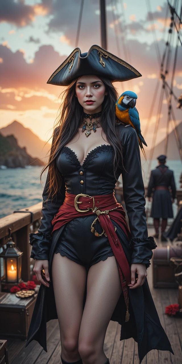 Pirate captain on a ship deck beneath a fiery sunset