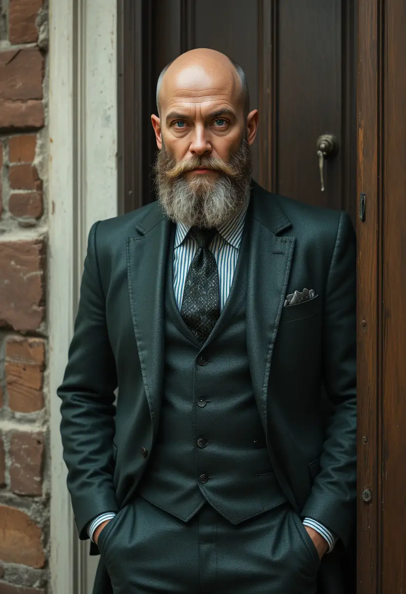 Um homem das montanhas barbudo ao lado de uma porta, usando um traje de couro verde