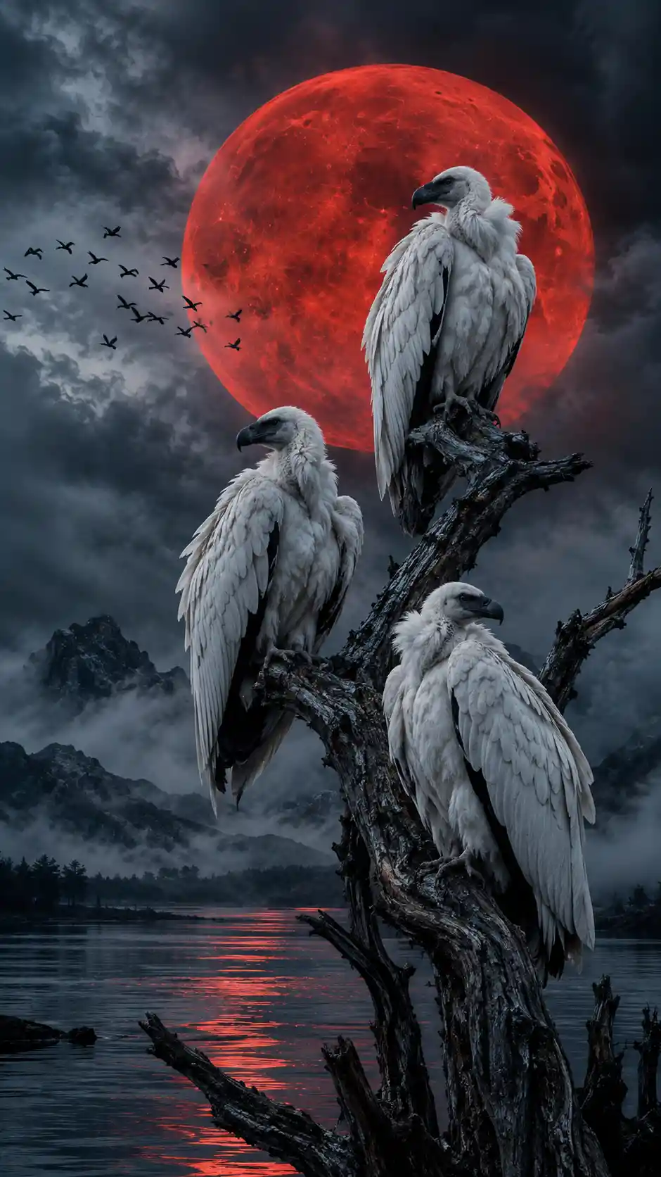 Three white vultures perch on a dead tree beneath a red full moon