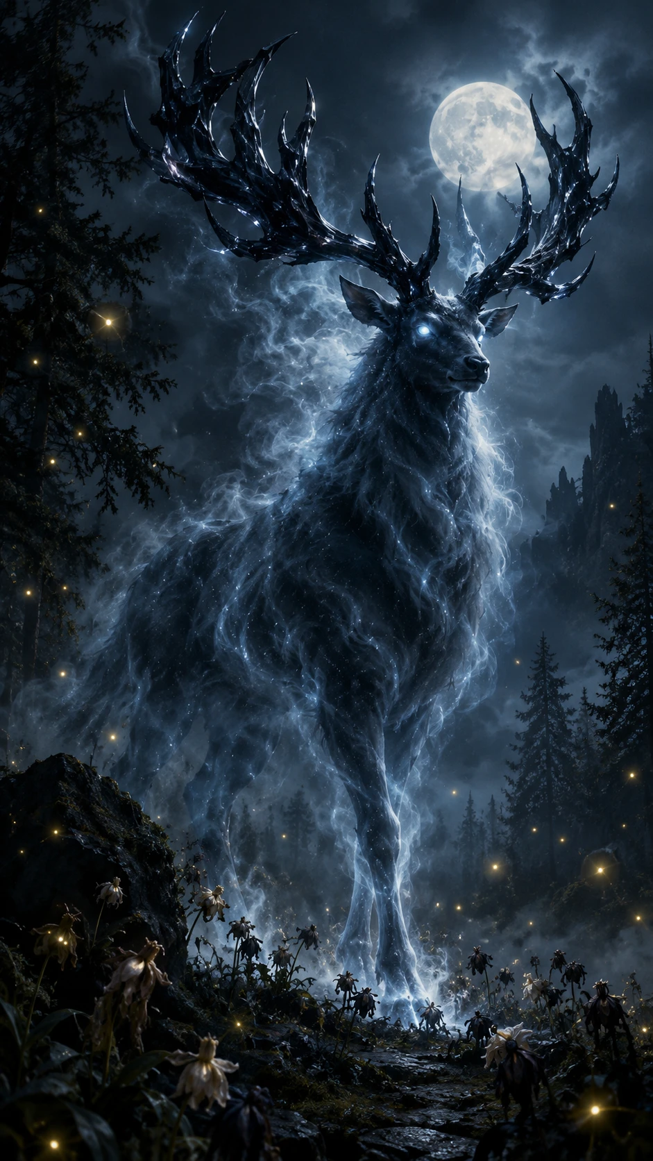 Un cervo colossale emerge dalla nebbia sotto il luccichio della luna in un’antica foresta