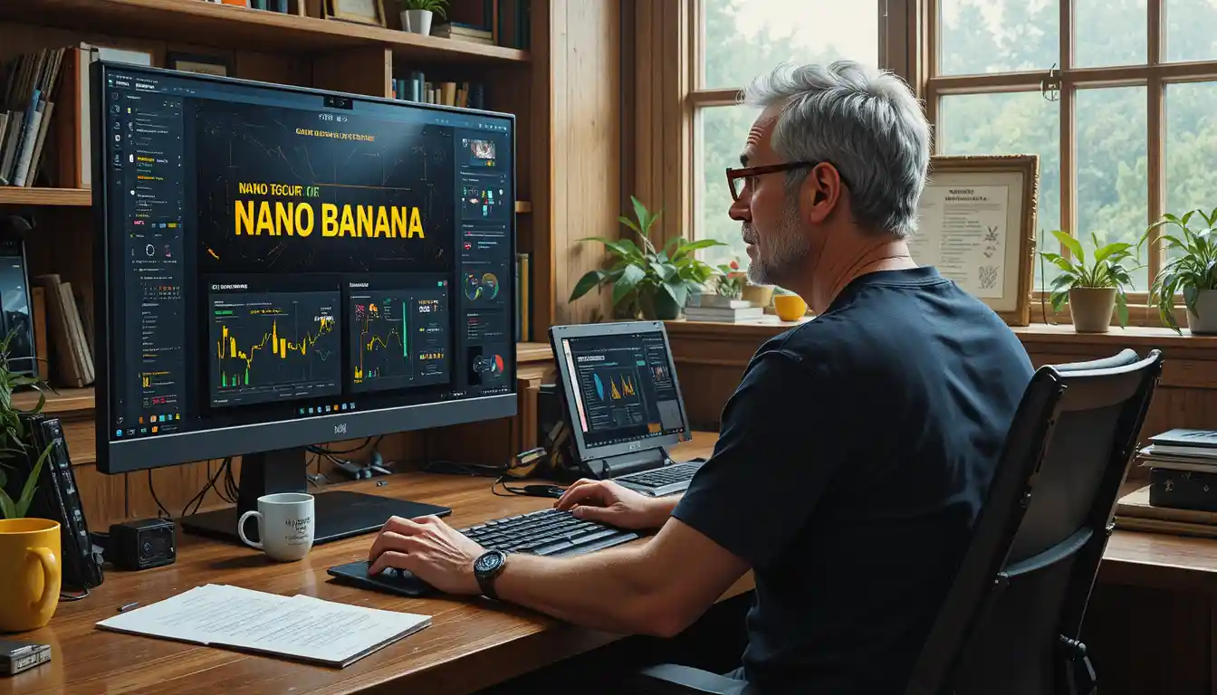 An older man works at a desk before two monitors