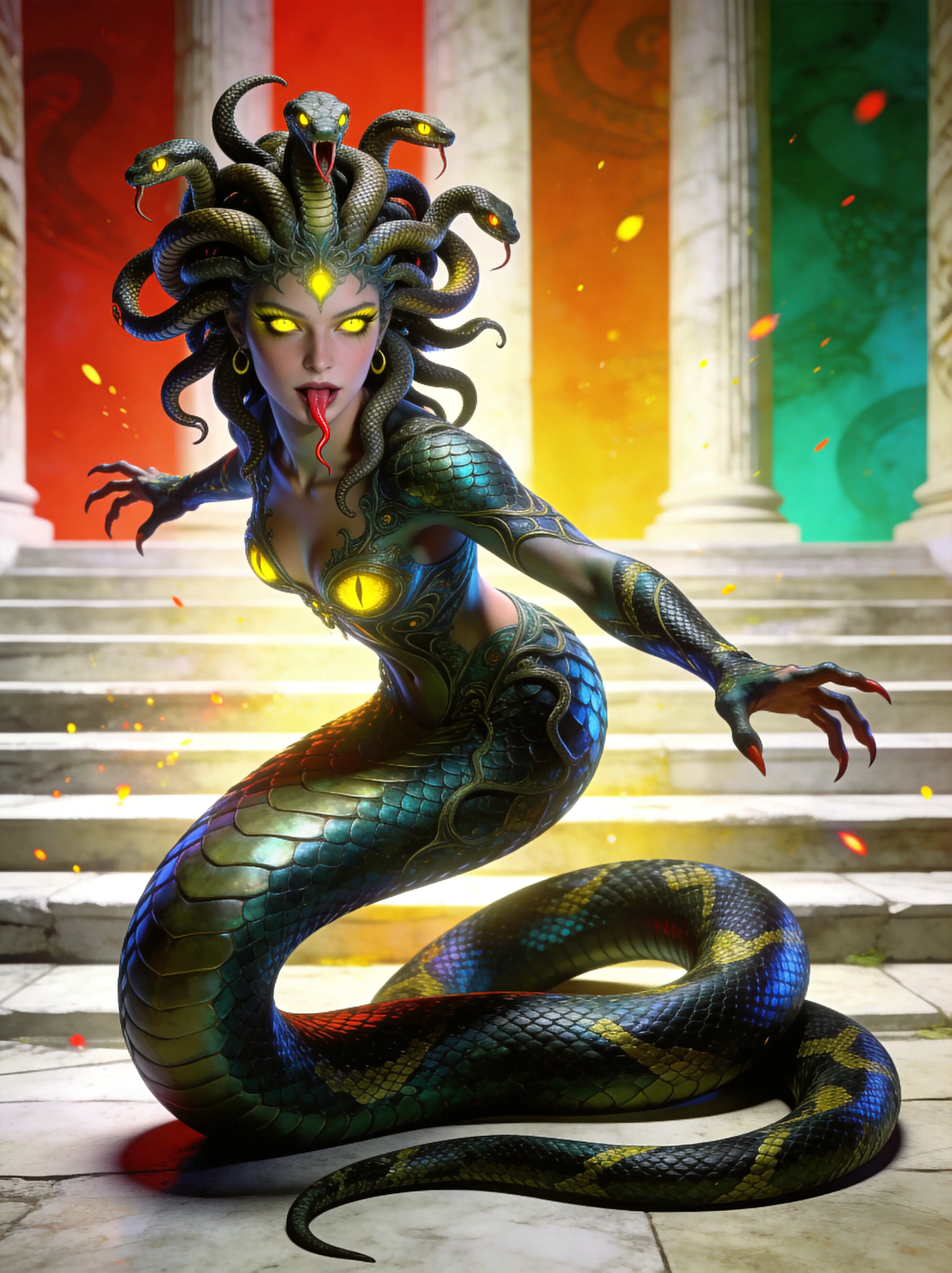 A serpentine gorgon reaches forward with a crown of living snakes