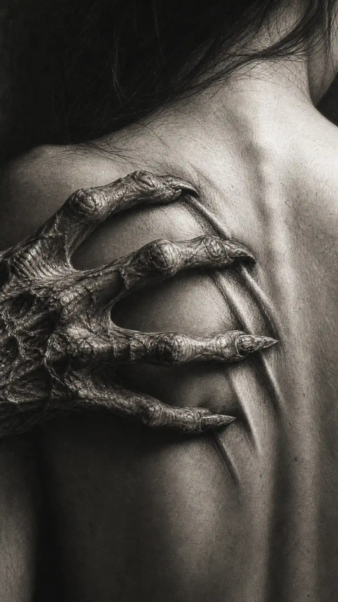 A Zombie Hand Scratches Across a Woman’s Bare Shoulder in Charcoal
