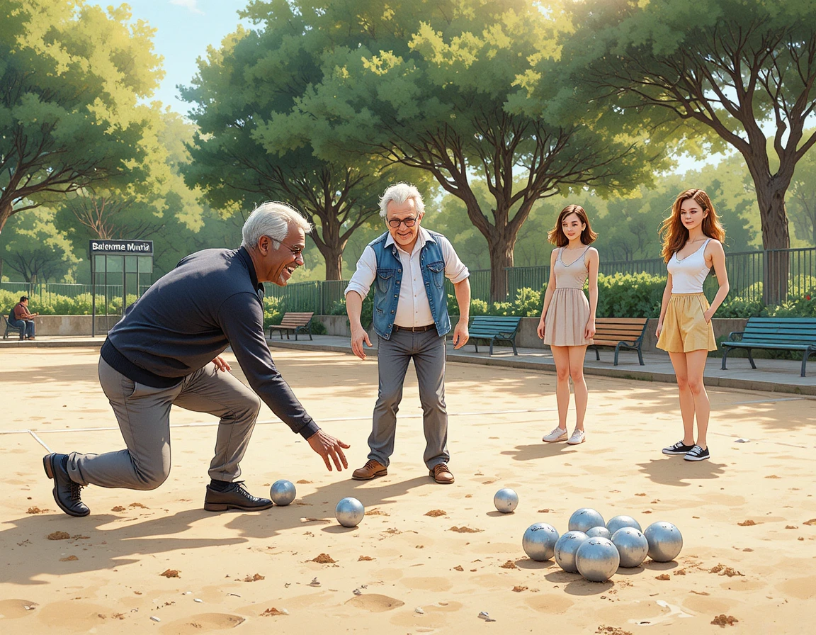 Adults play petanque beneath trees in a warm outdoor court