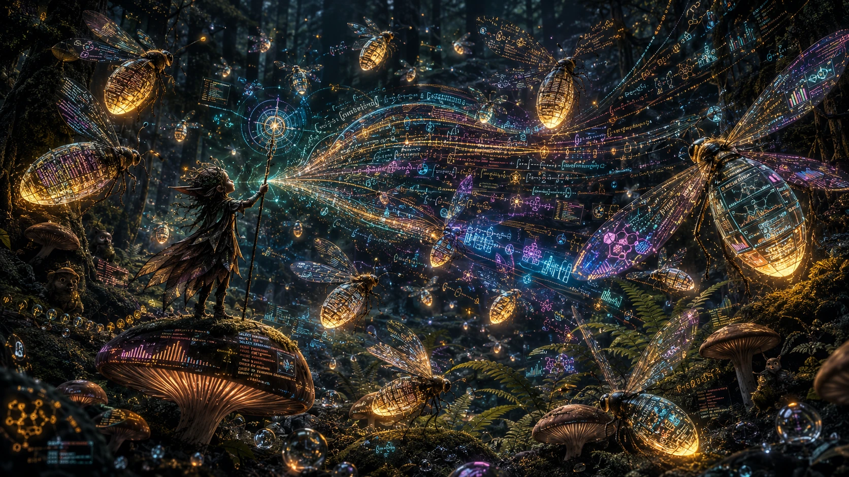 Enormi lucciole fluttuano in una foresta incantata di muschio con dati luminosi