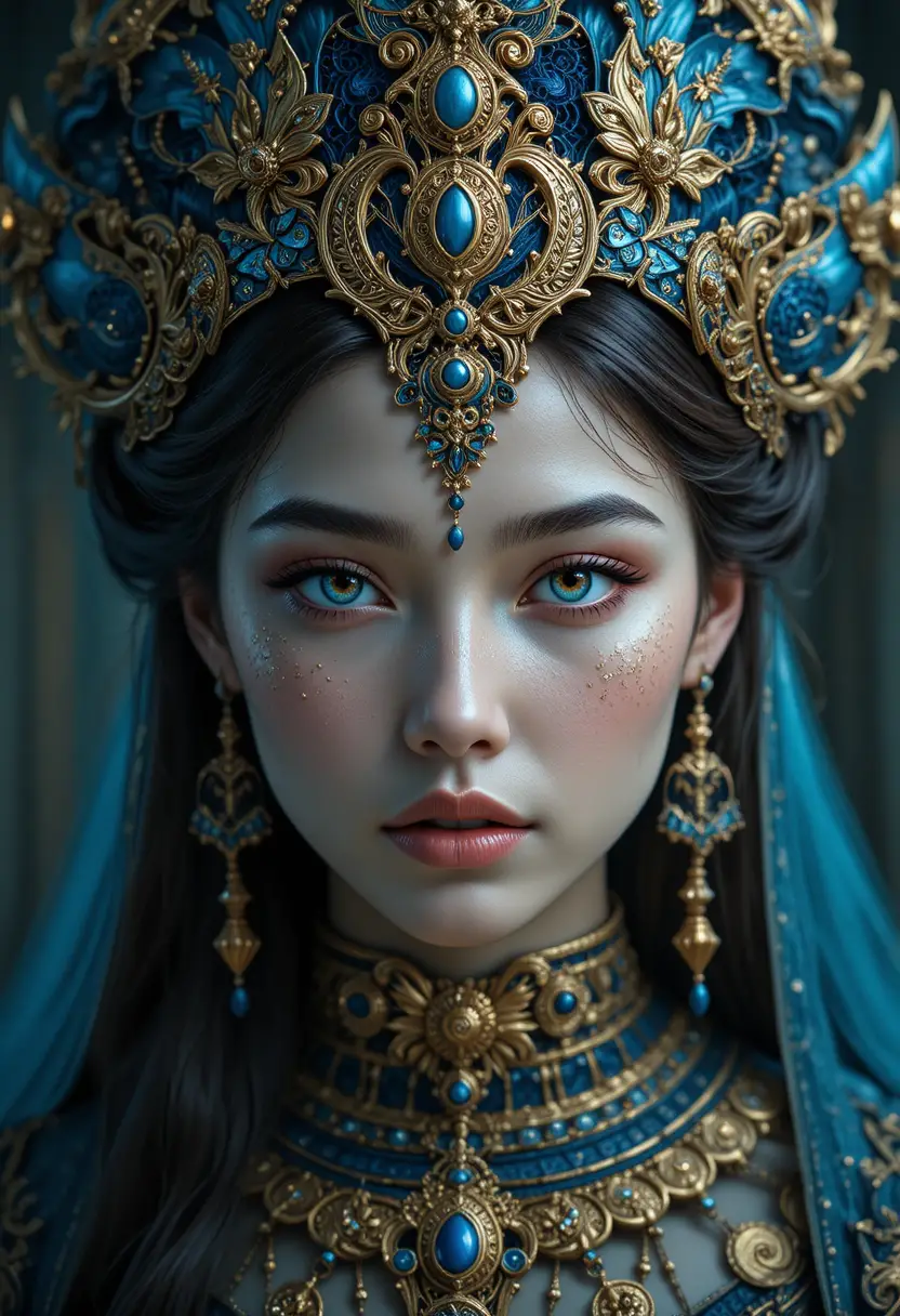 Fantasyfrau mit blau-goldenem Kopfschmuck im Frontalporträt