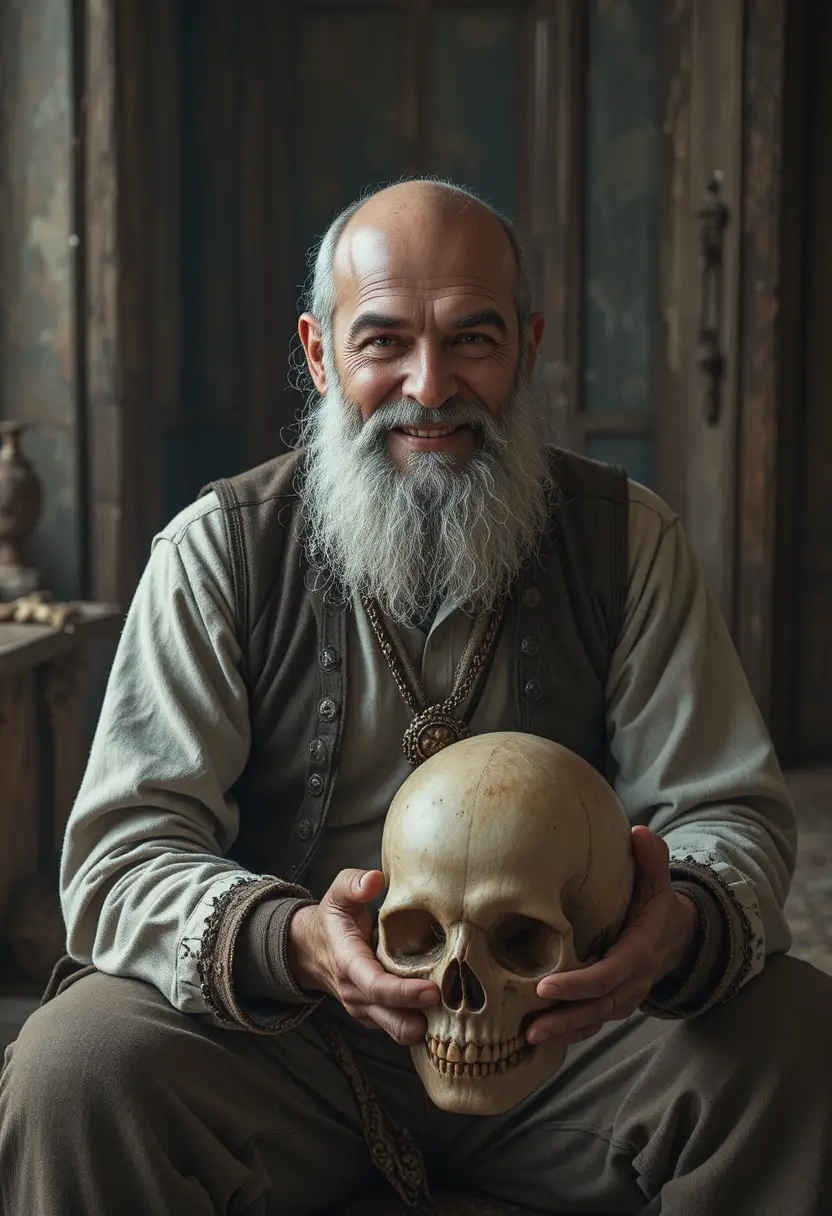 An Older Bearded Mountain Man Holds a Human Skull