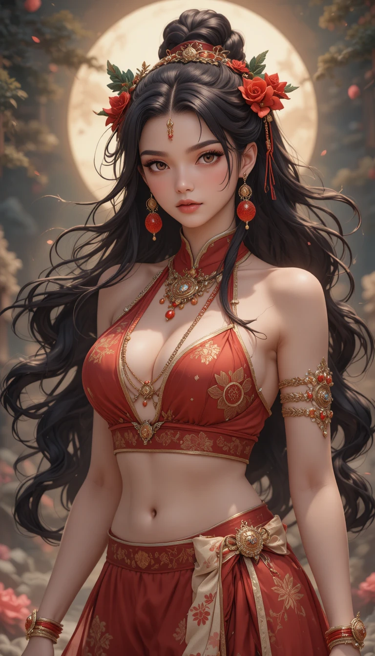 A Young Woman with Panda Ears in Traditional Red and Cream Attire