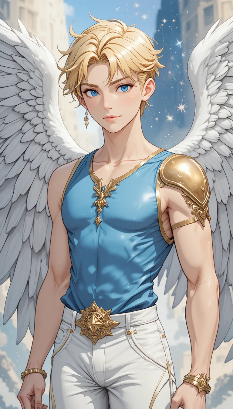 A young angelic warrior in white and gold armor with sky blue eyes