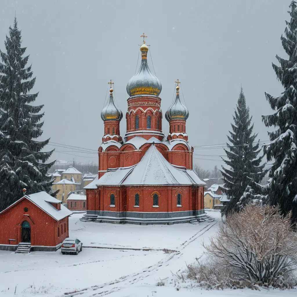 A snow-covered church with onion domes stands in a winter village