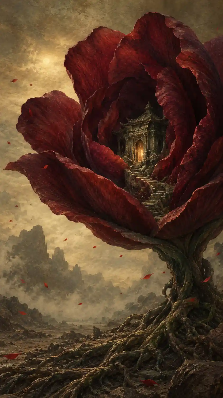 A Monumental Crimson Flower Shelters an Ancient Shrine in a Rocky Landscape