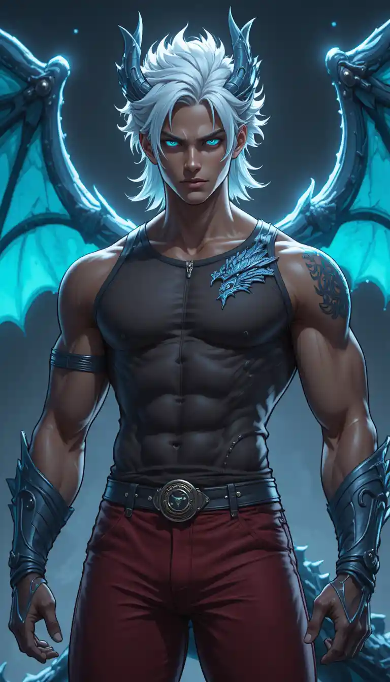 A young man with white hair, curved horns, and turquoise dragon wings