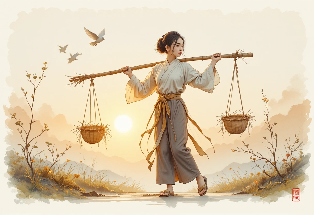 A Rural Chinese Woman Balances Baskets on a Bamboo Shoulder Pole