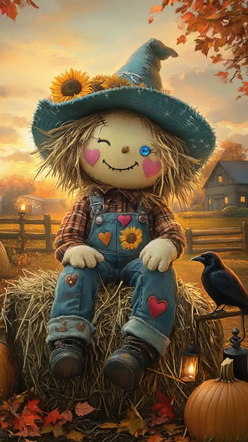 A friendly scarecrow sits on a hay bale in an autumn farmyard