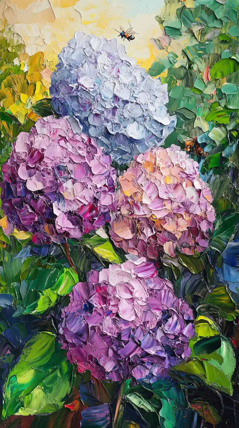 Eine glückliche Katze, eingebettet zwischen blühenden Hortensien in einem Impasto-Gemälde