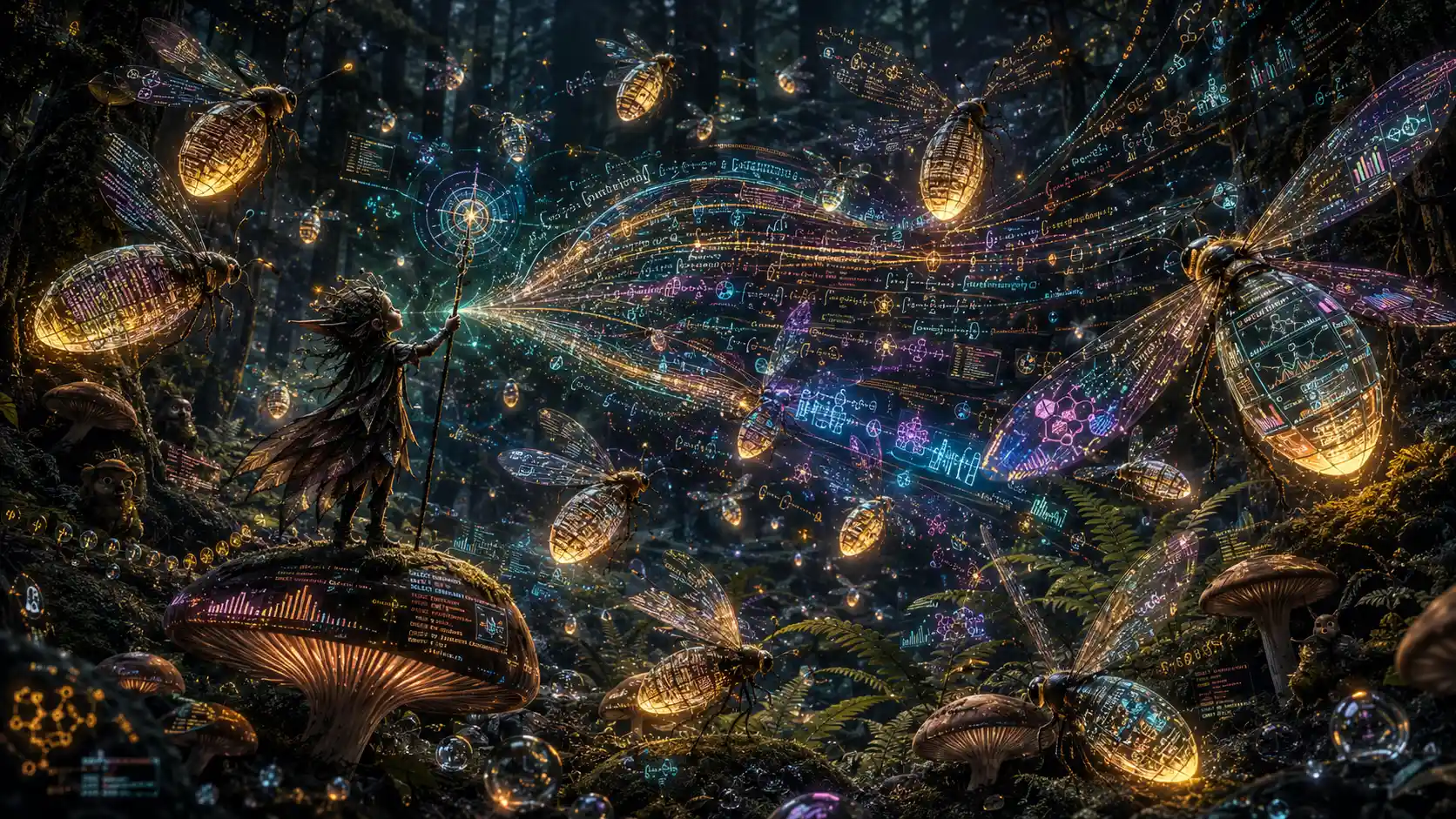 Giant fireflies drift through an enchanted moss forest with glowing data
