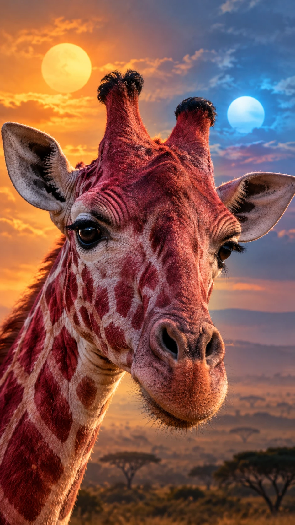 Una testa di giraffa rosa davanti al Serengeti sotto un doppio tramonto