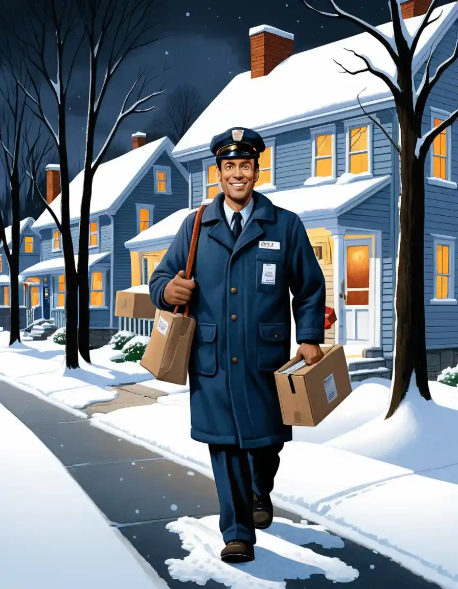 A postal worker delivers mail through a snowy suburban neighborhood